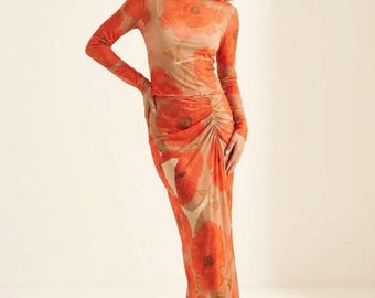 Floral Mesh Top & Midi Skirt Co-Ord Set – Poppy Red