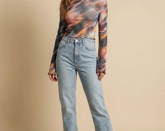 Abstract Off-Shoulder Mesh Long-Sleeve Top – Sunset Multi