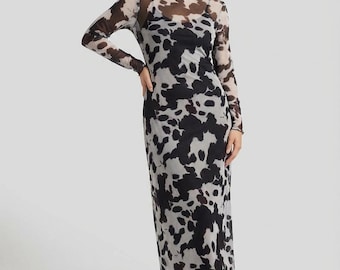 Animal Print Mesh Maxi Dress – Black & Stone