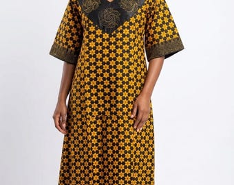 Luxury African Ankara Bubu – Gold Geometric Floral Print Maxi Dress with Embroidered Neckline