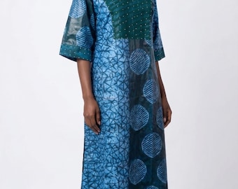 Hand-Dyed Blue & Teal Kampala Batik Kaftan Dress with Beaded Parallel Yoke and Cuffs - Full-Length African Gown