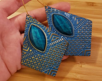 Handmade Upcycled Earrings, jumbo turquoise enamel earrings, gold plated stainless steel hooks, ecofashion made from broken jewelry