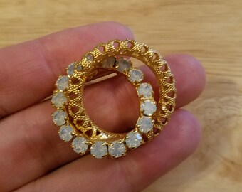 Blue and Opal Glass Rhinestone Small Midcentury Circle Brooch