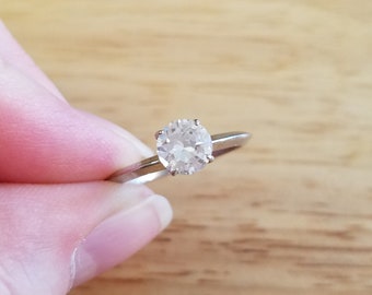 Vintage Faux Diamond Ring, size 8 solitaire ring, silver tone ring, vintage ring