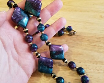 Vintage Teal and Purple Beaded Necklace, 26 inch vintage necklace, statement necklace, vintage plastic