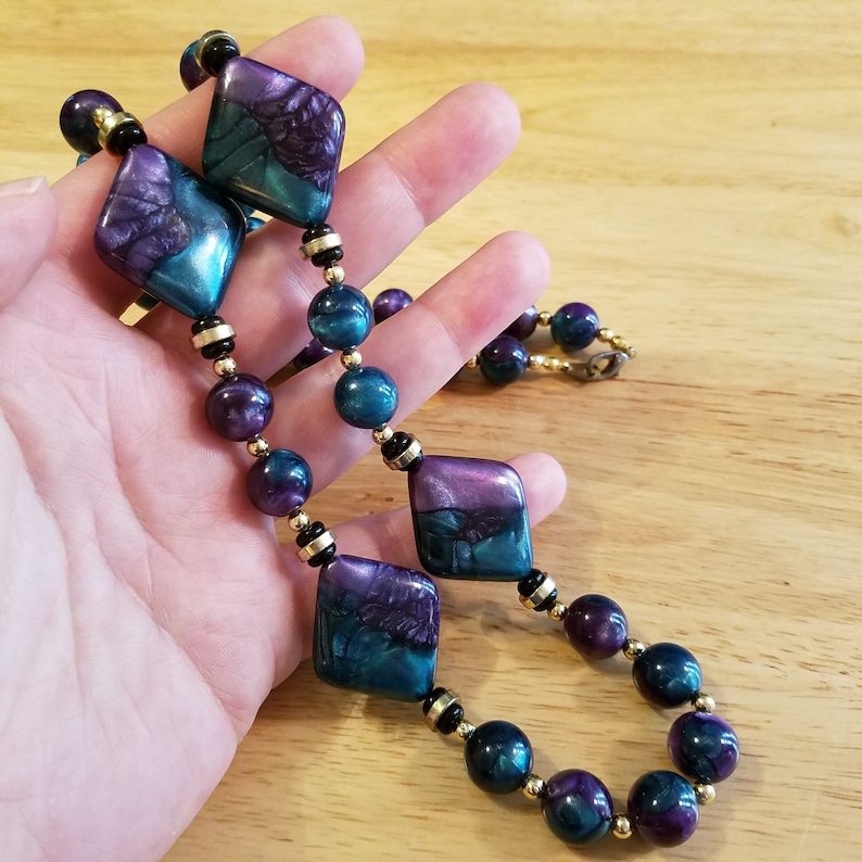 Vintage Teal and Purple Beaded Necklace vintage plastic statement necklace 26 inch vintage necklace
