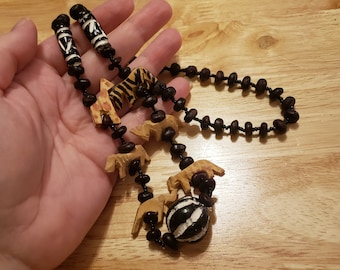 Vintage Wood and Clay Beaded Necklace with Carved Wood Animals, 26 inch necklace, statement necklace, vintage necklace