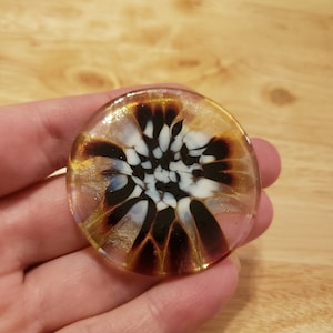 Vintage Lampwork Glass Brooch Pin, circle brooch, brown white and gold statement brooch, vintage brooch