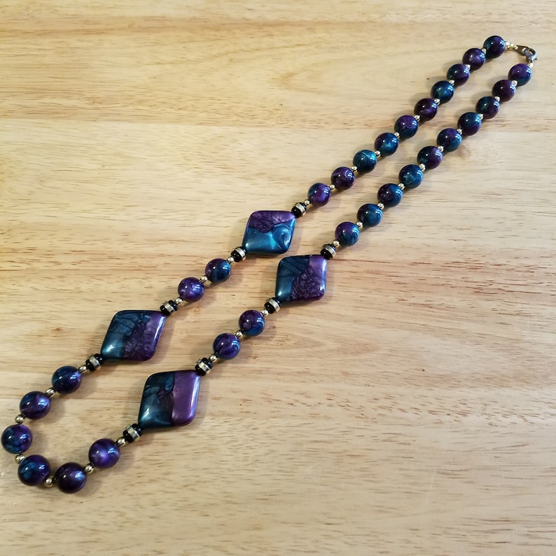 Vintage Teal and Purple Beaded Necklace vintage plastic statement necklace 26 inch vintage necklace