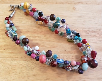 Vintage Colorful Glass and Ceramic Beaded Necklace, multistrand necklace, statement necklace, vintage necklace