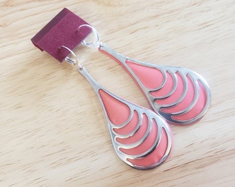 Handmade Upcycled Earrings, silver tone and peach enamel teardrops, ecofashion