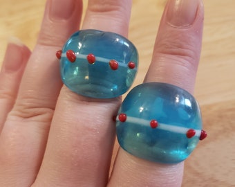 One Vintage Murano Glass ring, size 8.25 or size 8.75 ring, turquoise with white stripe and red dots Murano ring, statement ring