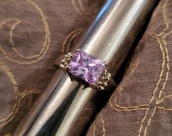 Vintage Faux Amethyst Ring, size 7.75 silver tone ring with raised setting, cocktail ring, statement ring