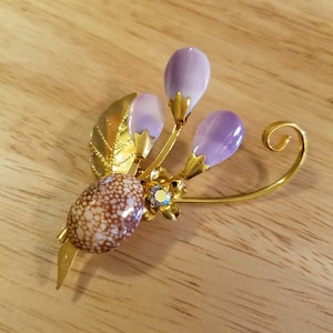 Vintage Rhinestone and Shell Flower Brooch Pin, gold tone brooch, shell brooch, vintage brooch