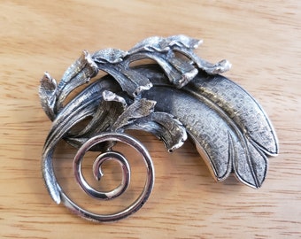 Large Vintage Tortolani Brooch, antiqued silver tone leaf brooch, statement brooch, vintage brooch