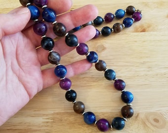 Vintage Plastic Beaded Necklace, 30 inch purple blue and brown vintage necklace with silver tone spacer beads, statement necklace