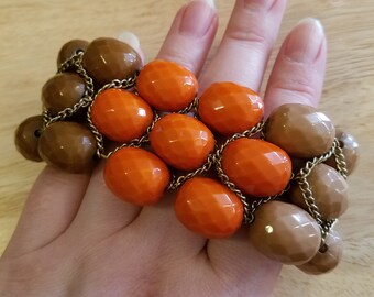 Vintage Beaded Stretch Bracelet - orange tan brown and gold beads with gold chain, statement bracelet, vintage bracelet