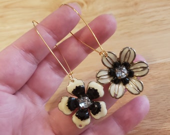 Handmade Asymmetrical Upcycled Earrings, rhinestone and enamel flower earrings, gold plated stainless steel hooks, ecofashion