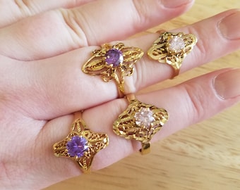 Four Vintage Rhinestone Rings, SECONDS ring lot, size 8 - 12.25, gold tone filigree rings, cocktail rings, statement rings