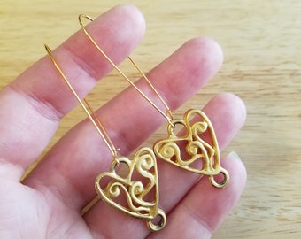 Handmade Upcycled Earrings, gold filigree heart earrings, gold plated stainless steel hooks, ecofashion