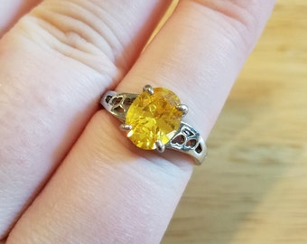 Vintage Faux Lemon Diamond Ring, size 7.75 silver tone ring with raised setting, cocktail ring, lemon yellow