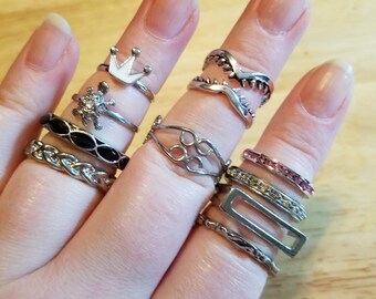 Ten Vintage Silver Tone Rings, sizes 4.25 - 10.5, vintage rings, rhinestone rings, band rings