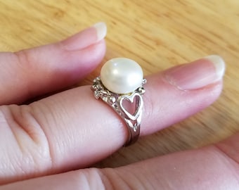 Vintage Pearl and Rhinestone Ring, size 4.5 faux pearl ring, silver tone vintage ring, petite ring