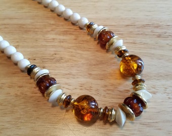 Vintage Plastic and Faux Amber Beaded Necklace, 18 inch vintage necklace, chunky necklace, statement necklace