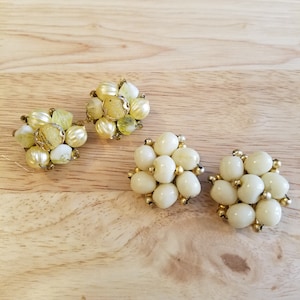 One Pair of Vintage Cluster Clip-on Earrings, made in Hong Kong - yellow and gold, cream and gold