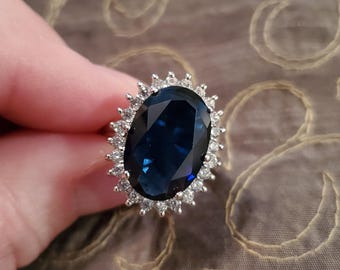 Vintage Faux Sapphire and Faux Diamond Ring, size 6 halo ring, silver tone ring