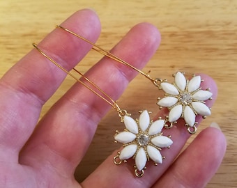 Handmade Upcycled Earrings, rhinestone flower dangle earrings, gold plated stainless steel hooks, ecofashion