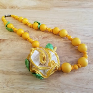 Vintage Yellow Plastic Beaded Necklace with Fabric Flower, 20 inch statement necklace, chunky necklace, vintage necklace