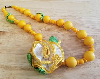Vintage Yellow Plastic Beaded Necklace with Fabric Flower, 20 inch chunky statement necklace