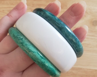 Green and White Vintage Plastic Bangle Lot, three vintage plastic bracelets, vintage jewelry lot