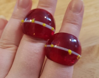 One Vintage Murano Glass ring, size 8.5 or 8.75 ring, red with white stripe and yellow dots Murano ring, statement ring