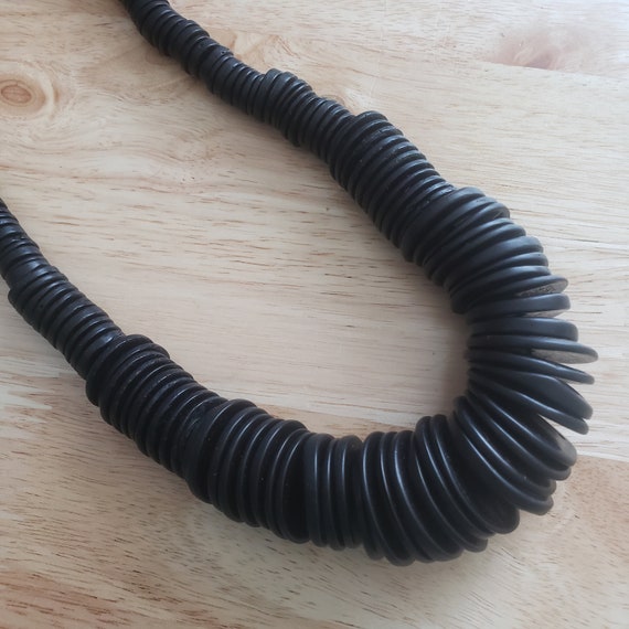 Vintage Black Wood Disk Beaded Necklace, 25 inch … - image 2