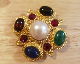 Vintage Gemstone and Faux Pearl Brooch Pin, gold tone brooch, vintage brooch, statement brooch