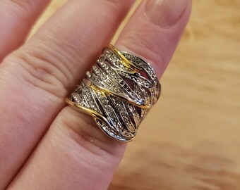 Vintage Faux Diamond Band Ring, size 7 ring, two tone ring, wide band ring, vintage ring, cocktail ring, statement ring