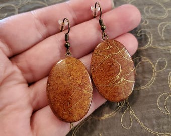 Handmade Upcycled Dangle Earrings, brown and gold dangles on antiqued brass plated hooks, ecofashion made from broken jewelry