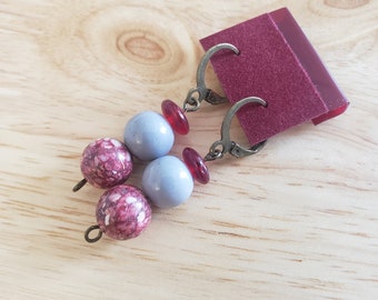 Handmade Upcycled Earrings, maroon and gray, antiqued brass tone earrings, ecofashion