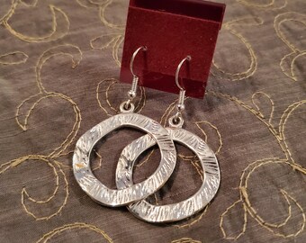Handmade Upcycled Earrings, textured silver circle earrings, French hook earrings, ecofashion