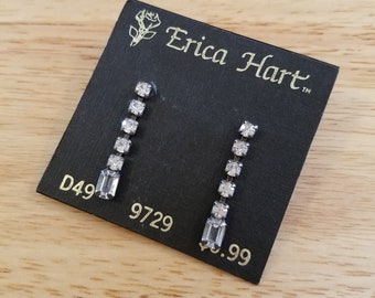 Vintage Erica Hart Earrings, rhinestone dangle earrings, silver tone pierced earrings on original card