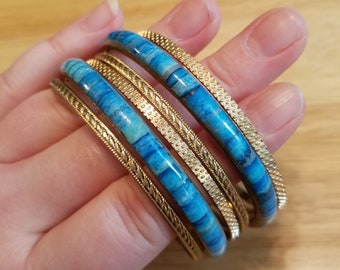 Vintage Turquoise and Gold Bangle Bracelet Set, six bangle bracelets, vintage bangles, vintage bracelets