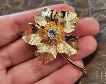 Vintage Rhinestone Flower Brooch by New View, clear rhinestone in gold tone flower, statement brooch