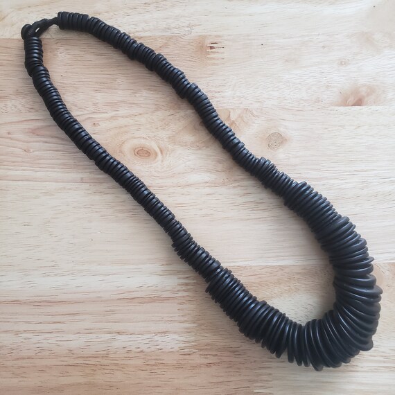 Vintage Black Wood Disk Beaded Necklace, 25 inch … - image 5