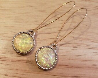 Handmade Upcycled Earrings, yellow faux opal earrings, gold plated stainless steel hooks, ecofashion