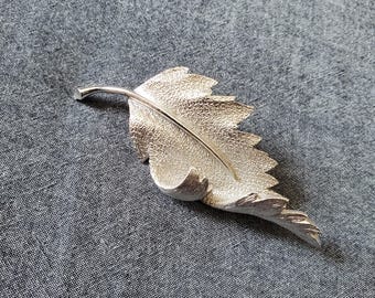 Vintage Coro Leaf Brooch, silver tone textured leaf pin