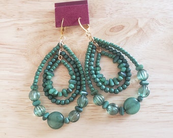 Handmade Upcycled Earrings, green beaded teardrop earrings, ecofashion