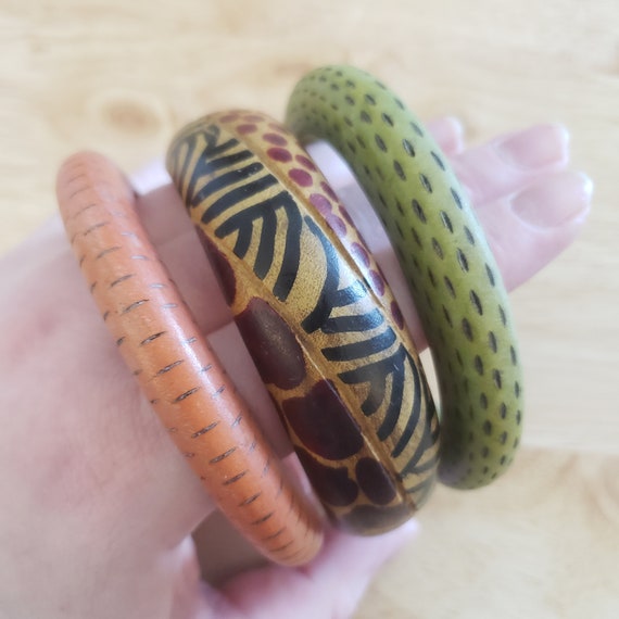 Vintage Wood Bangle Lot, three vintage wood brace… - image 2