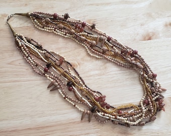 Vintage Beaded Multi-strand Necklace, 26 inch brown, maroon, and cream necklace, statement necklace, vintage necklace